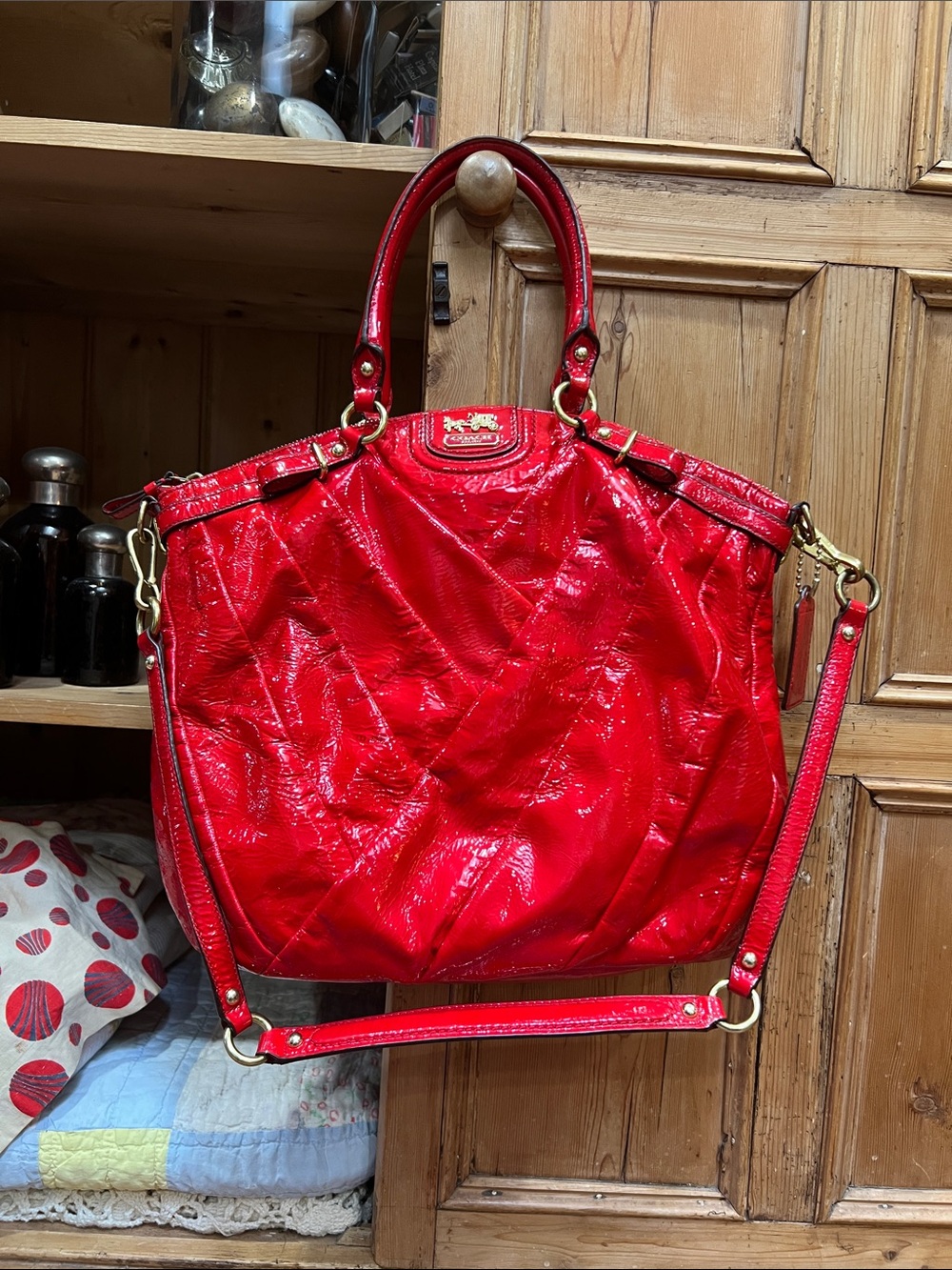 Coach 21299 Red Punch Madison Diagonal Pleated Leather Lindsey Bag